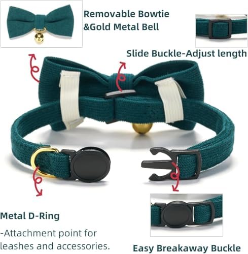 Corduroy Bow Tie Cat Collars with Bell (2-Pack, Orange & Green)