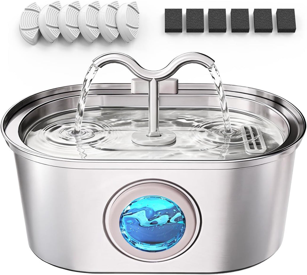 Stainless Steel Cat Water Fountain with Dual Spouts (3.2L, 6 Filters)