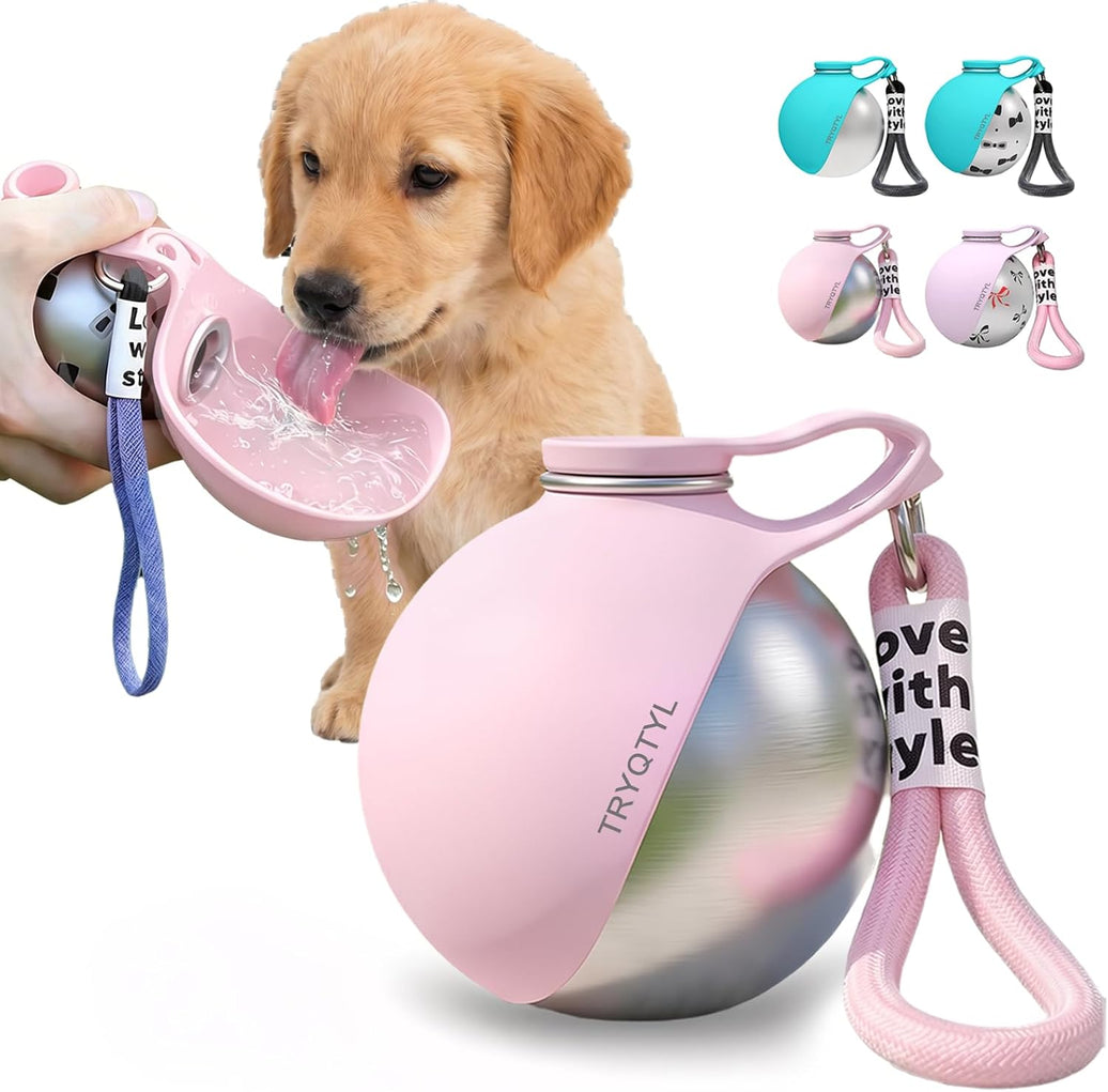 Portable Dog Water Bottle with Foldable Bowl (10 oz, Pink)