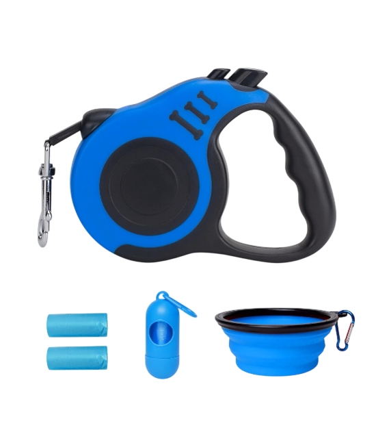 Retractable Dog Leash with Bowl & Bag Dispenser (Blue)