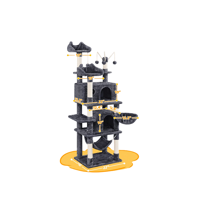 Cat Tree with Kitten-Ear Perches & Hammock (67", Dark Gray)