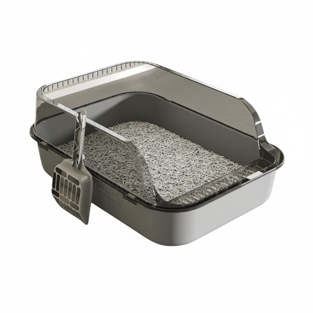 Semi-Enclosed High-Sided Cat Litter Box with Anti-Spill Rim