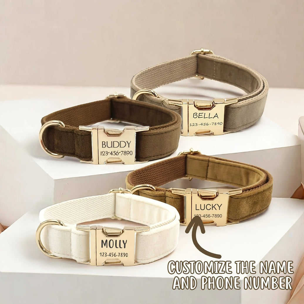 Personalized Velvet Dog Collar with Engraved ID Tag