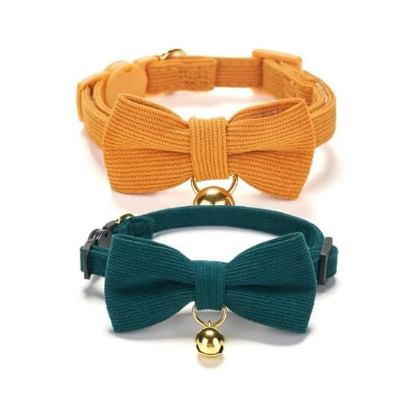Corduroy Bow Tie Cat Collars with Bell (2-Pack, Orange & Green)