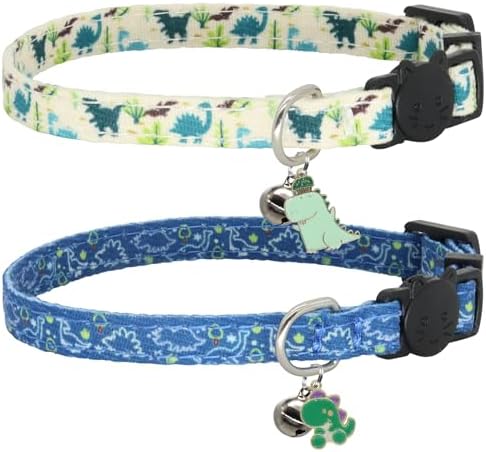 Cat Collar Breakaway, 2 Pack Cotton Cats Collars with Bells, Cute Dinosaurs Shaped for Girl Boy Kittens