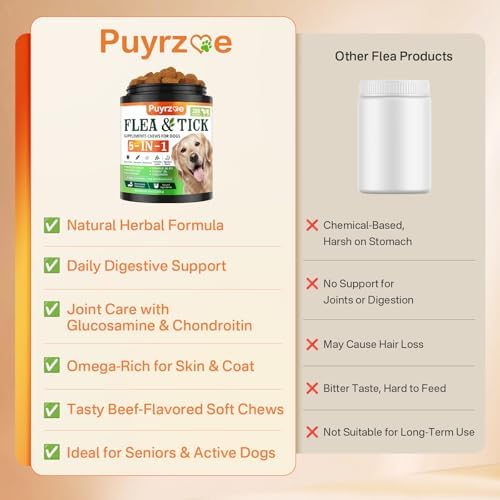 5-in-1 Dog Flea and Tick Treatment Chewable, Natural Flea and Tick Prevention for Dogs Chewable - Flea & Tick | Hip & Joint | Skin & Coat | Immunity Support | Digestive for All Breeds & Sizes