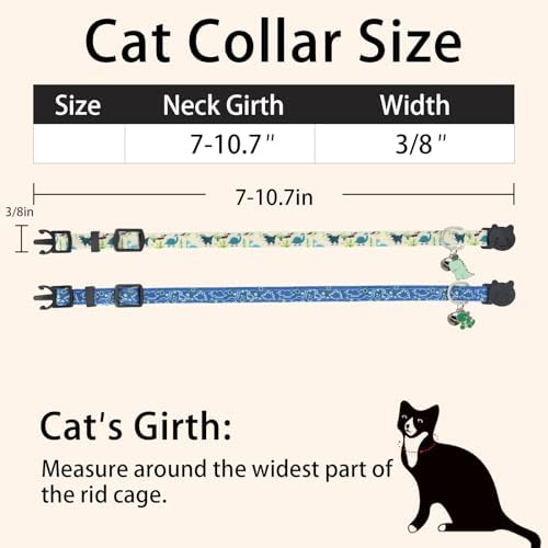 Cat Collar Breakaway, 2 Pack Cotton Cats Collars with Bells, Cute Dinosaurs Shaped for Girl Boy Kittens