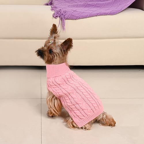 2 Pack Dog Sweaters for Small Dogs Winter Turtleneck Pullover Cable Knit Fleece Stretch Puppy Doggie Chihuahua Toy Poodle Yorkie Pomeranian Boy Girl Pet Clothes (S, Pink & Purple)