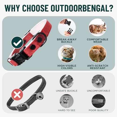 OutdoorBengal Red Cat Collar Breakaway with Soft Padding for Medium to Large Cats - Durable Heavy Duty Tactical Fabric, Comfortable, Quick Release Breakaway Cat Collars, No Bell Collar (Red, Adult)