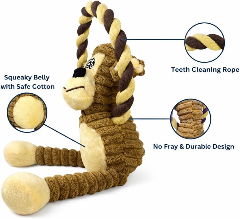 Durable Monkey Dog Toy, Plush Squeaky Stuffed Dog Toy with Rope, Interactive Chew Toy for Teething Puppies and Small, Medium & Large Dogs
