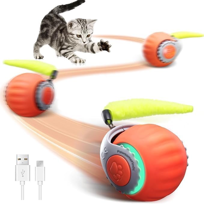 Cat Toy for Indoor Cats, Two Speed Smart Automatic Cat Toy Moving Ball with Tail, Rechargeable Motion Activated Cat Toys for Bored Indoor Adult Cats (Adapter Not Included)
