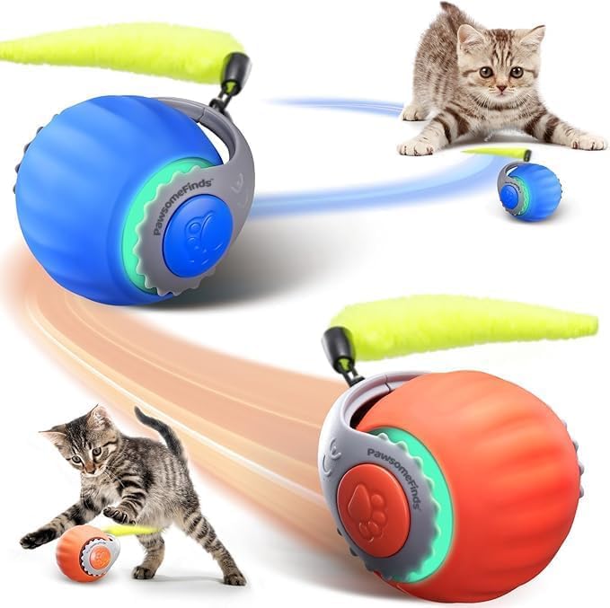2 Pack Interactive Cat Toy for Indoor Cats, Two Speed Smart Automatic Cat Toy Moving Ball with Tail, Rechargeable Motion Activated Cat Toys for Bored Indoor Adult Cats(Orange & Blue)