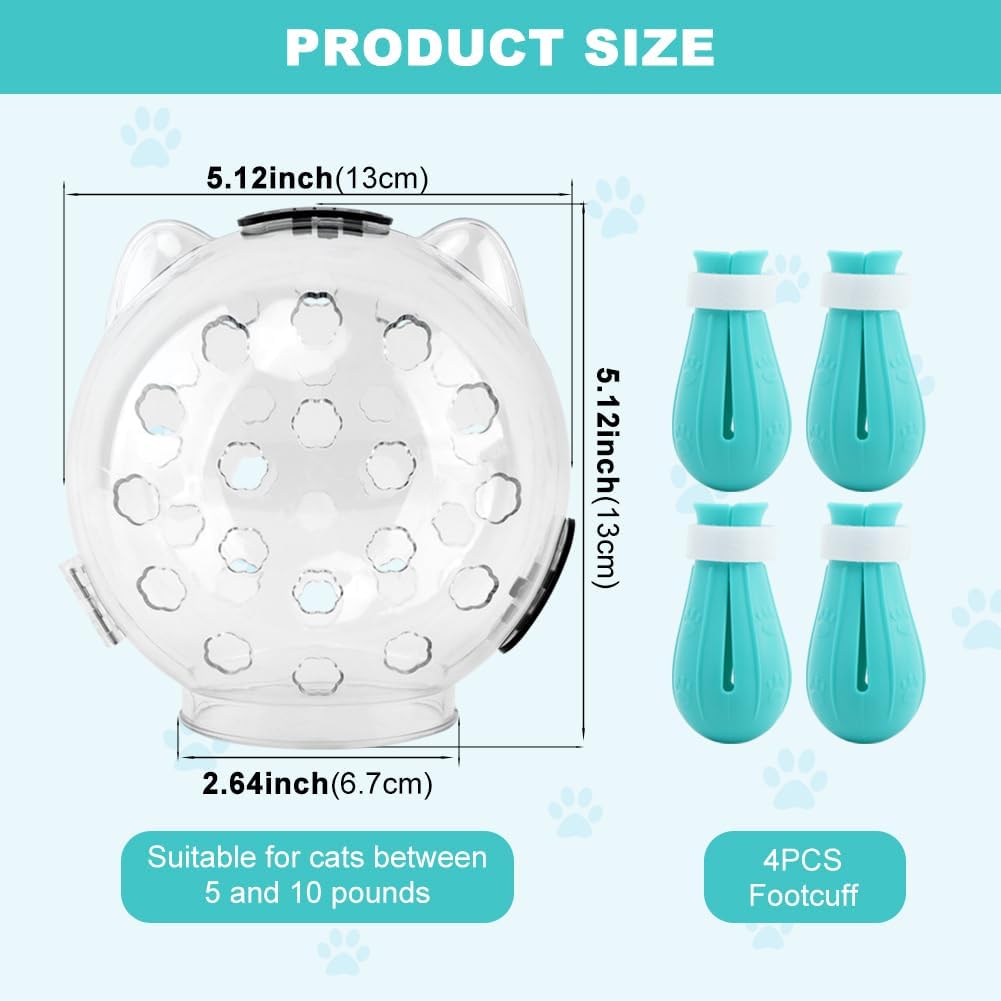 Cat Muzzle for Grooming, Adjustable Breathable Transparent Cat Astronaut Helmet with 4 Silicone Paw Shoes for Bath Nail Trimming