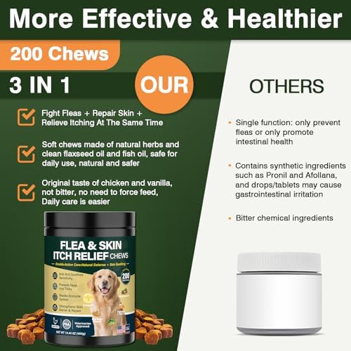 Dog Flea and Tick Prevention Allergy Chews Omega 3 for Dogs Treatment Chewable Natural Flea and Tick Skin and Coat Supplement Immune Dog Chews Yeast Relief Prevention for Dogs Itching and Licking