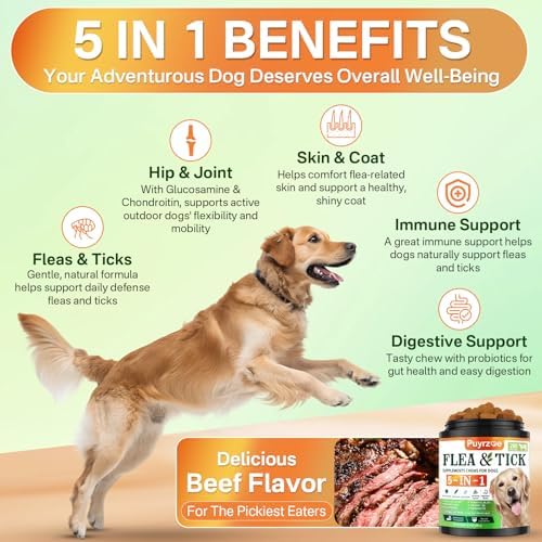 5-in-1 Dog Flea and Tick Treatment Chewable, Natural Flea and Tick Prevention for Dogs Chewable - Flea & Tick | Hip & Joint | Skin & Coat | Immunity Support | Digestive for All Breeds & Sizes