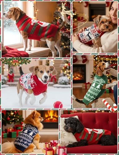 2PCS Dog Christmas Sweater, Soft Warm Pet Clothes Coat for Small Medium Large Dogs and Cats Boy Girl, Fall Cozy Holiday Turtleneck Knitting Collar Pullover Pup Outfit Costume for Thanksgiving New Year