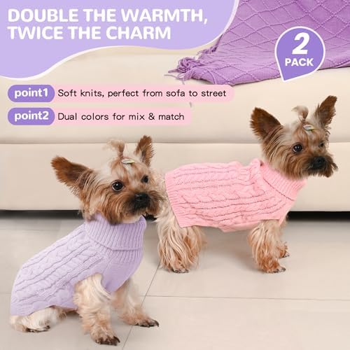 2 Pack Dog Sweaters for Small Dogs Winter Turtleneck Pullover Cable Knit Fleece Stretch Puppy Doggie Chihuahua Toy Poodle Yorkie Pomeranian Boy Girl Pet Clothes (S, Pink & Purple)