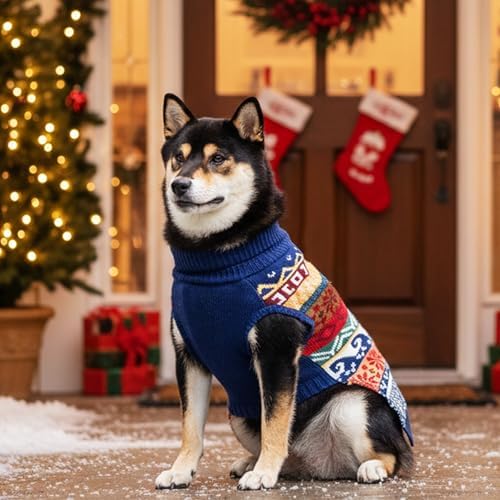 Dog Christmas Sweater, Winter Warm Fleece Holiday Pet Clothes for XL Dogs, Cute Snowflake Turtleneck Dog Pullover Knitwear Indoor & Outdoor