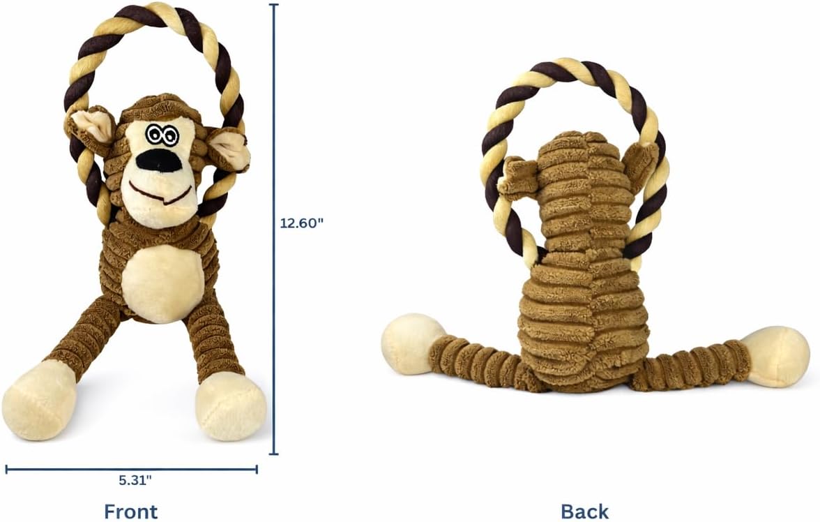 Durable Monkey Dog Toy, Plush Squeaky Stuffed Dog Toy with Rope, Interactive Chew Toy for Teething Puppies and Small, Medium & Large Dogs
