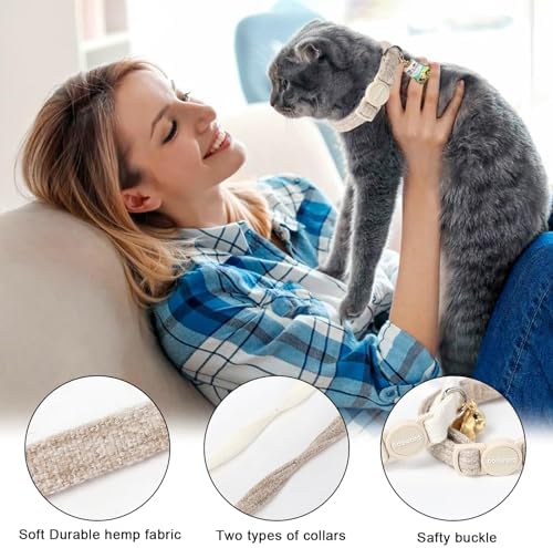 Cat Collar,2 Pack White Hemp Cat Collars Breakaway with Bell, DOGWONG Safety Buckle Wedding Cat Collar for Girl Boy Cats and Small Dogs，Adjustable 7-12 Inch,Pet Supplies Accessories