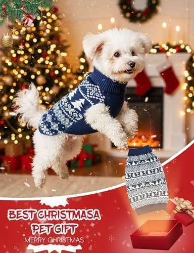 2PCS Dog Christmas Sweater, Soft Warm Pet Clothes Coat for Small Medium Large Dogs and Cats Boy Girl, Fall Cozy Holiday Turtleneck Knitting Collar Pullover Pup Outfit Costume for Thanksgiving New Year