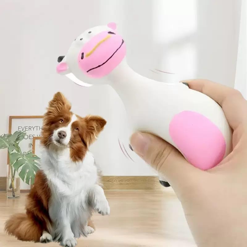 Dog Squeaky Chew Toy – Tough Natural Latex Fun for Teacup to Small Puppies (0-22 lbs)! Perfect for Fetch, Chewing & Cuteness Overload (White Cow)