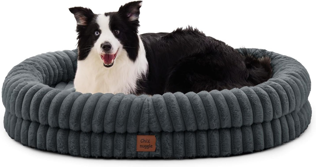 Dog Bed - Luxury Striped Faux Fur Waterproof Pet Couch with Removable Washable Cover, Orthopedic Dog Bed with Bolster Sides for Sleeping, Dark Grey