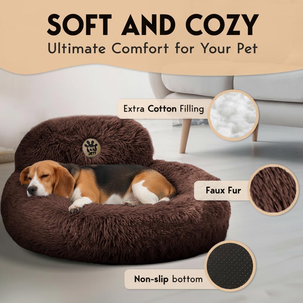 PetJett Calming Dog Bed Medium Size Dog -  Donut Bed, Anti-Slip & Washable Super Soft Fluffy Plush Round Bed, Anti-Anxiety Premium Comfort Pet Bed, Fits Dogs- Brown