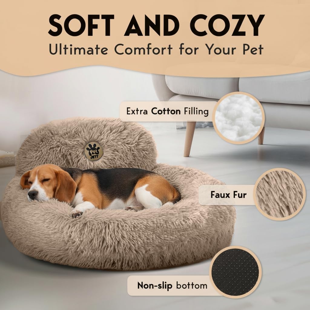 PetJett Calming Medium Dog Bed - Round Dog Beds, Anti-Slip & Washable Super Soft Fluffy Plush Donut Bed, Anti-Anxiety Premium Comfort Pet Bed, Fits Dogs - Beige