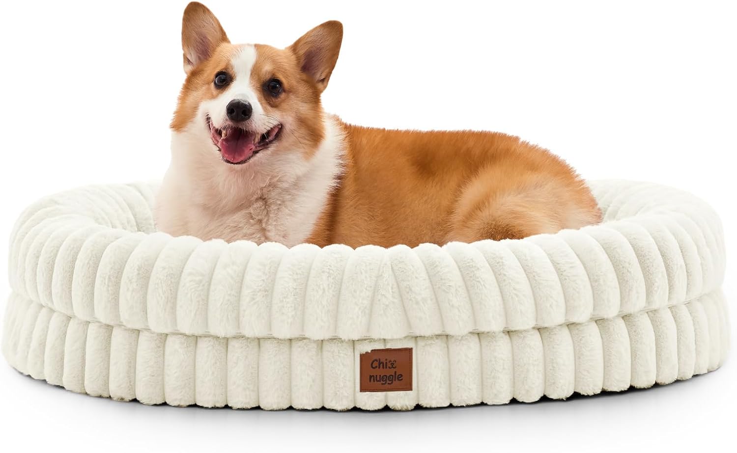 Human Dog Bed for Adult - Luxury Striped Faux Fur Giant Dog Bed with Portable Handle, Egg Orthopedic Foam Pad with Thick Blanket, , Cream