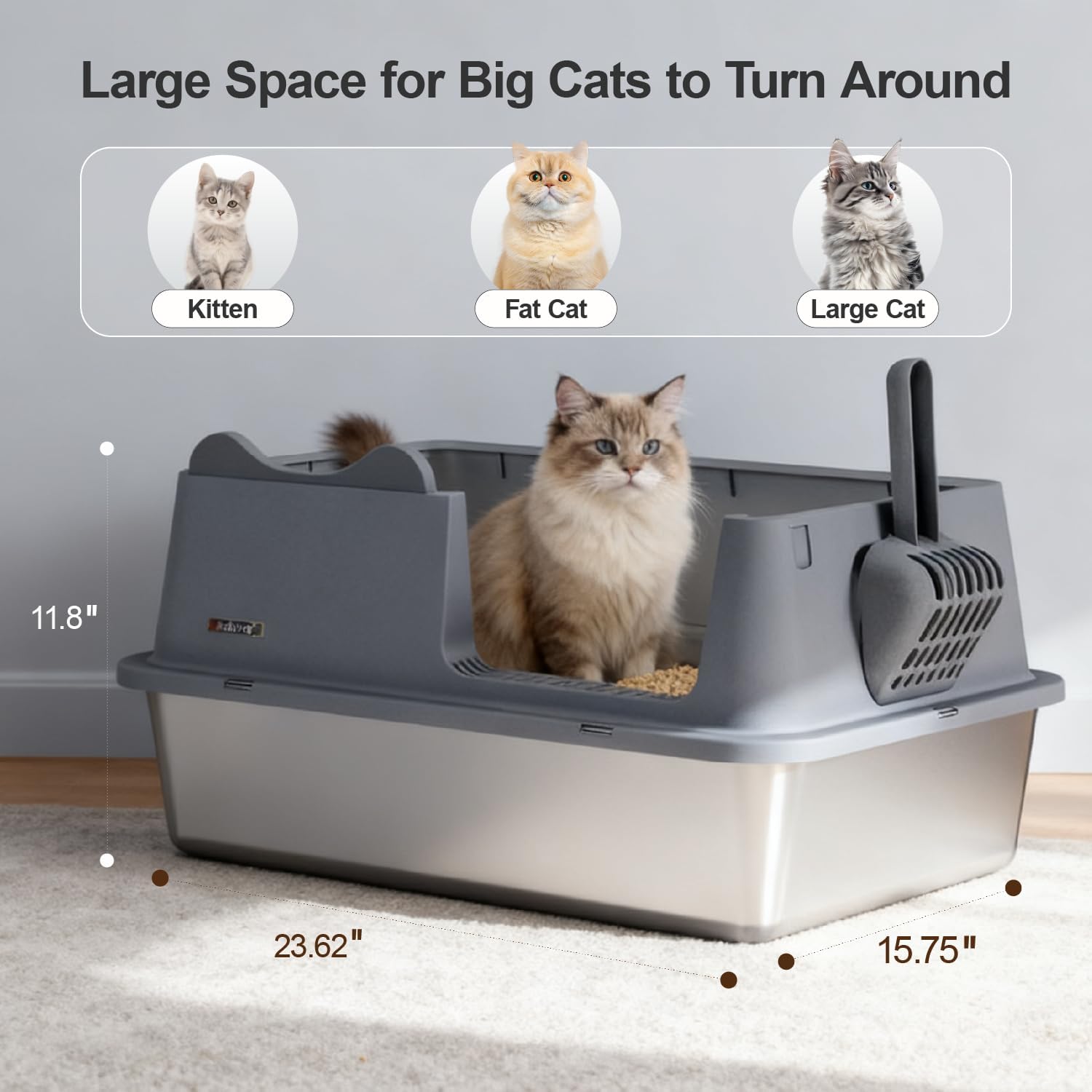 Cat Litter Box, Open Top High-Sided Metal Litter Box with Scoop, Extra Large Litter Boxes for Kitty Kitten and Big Cats, Anti-Urine Leakage, Non-Sticky, Easy to Clean (Grey)