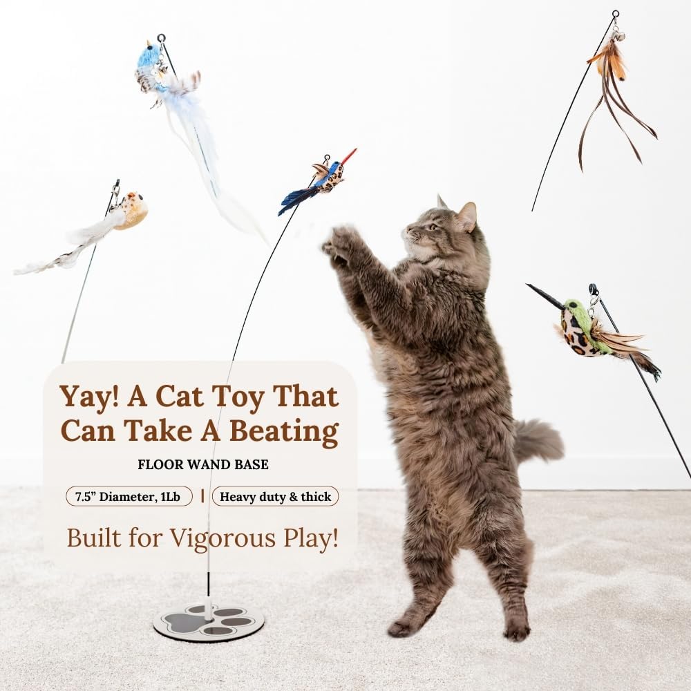 Interactive Bird Simulation Cat Toy Set for Bored Indoor Adult Cats Feather Toy Wand 5 Pcs Natural Bird Feathers Stable Round Base Wand Cat Toys for Indoor Cats Hunting Toys