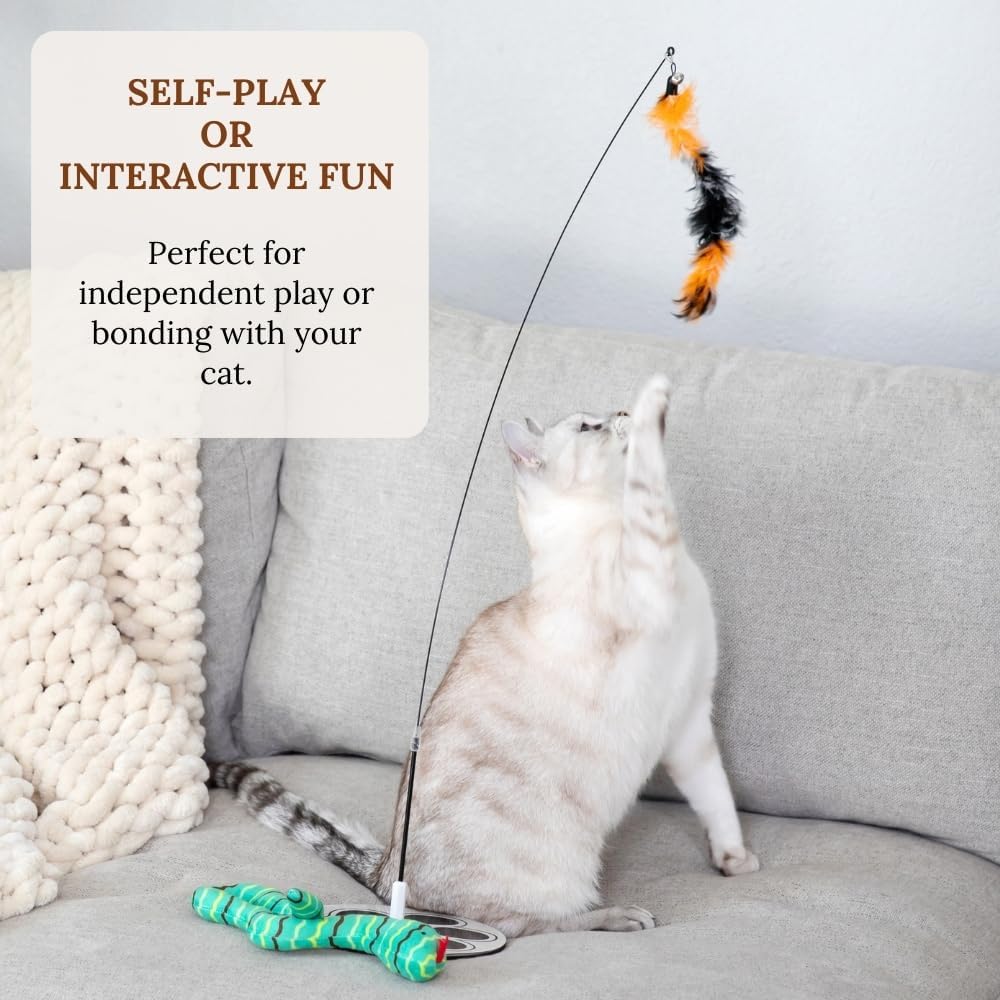 Cat Wand Toy with Round Base – Interactive Feather & Glow-in-The-Dark Octopus Attachments – Suction Cup Cat Toy for Indoor Cats & Kittens