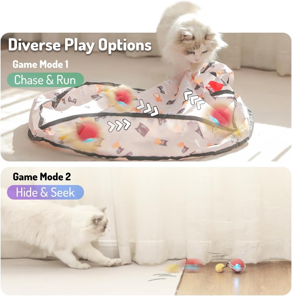 Interactive Cat Toys for Indoor Cats, Automatic Ball Toy Rolling Motion Activates, Hide & Seek Game for cat Play, Rechargeable Bouncing Toy Keeps Kitten Entertained & Not Bored