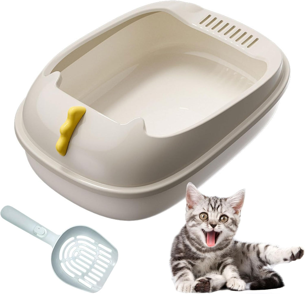 Open Litter Box, Anti-Splashing Cat Toilet with Litter Sifting Scoop - Semi-Enclosed, Removable Kitten Litter Box