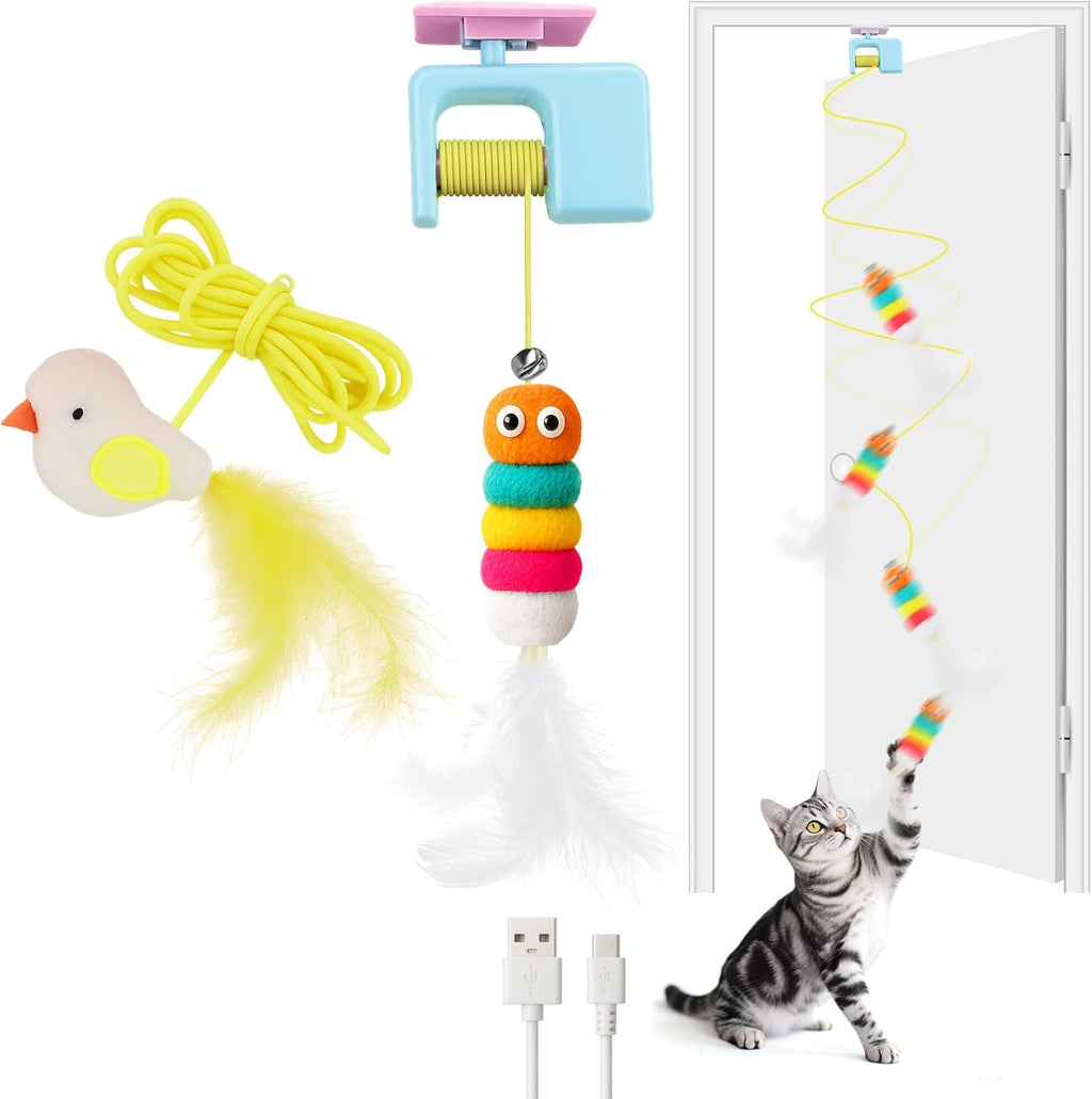 Interactive Cat Toys for Indoor Cats,Automatic Cat Hanging Toys for Bored Indoor Adult Cats, Caterpillar and Flying Bird Toy for Door Frame, Self-Play Pet Chase Toy-Blue