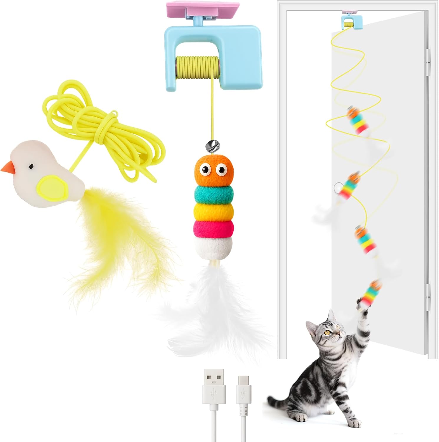 Interactive Cat Toys for Indoor Cats,Automatic Cat Hanging Toys for Bored Indoor Adult Cats, Caterpillar and Flying Bird Toy for Door Frame, Self-Play Pet Chase Toy-Blue