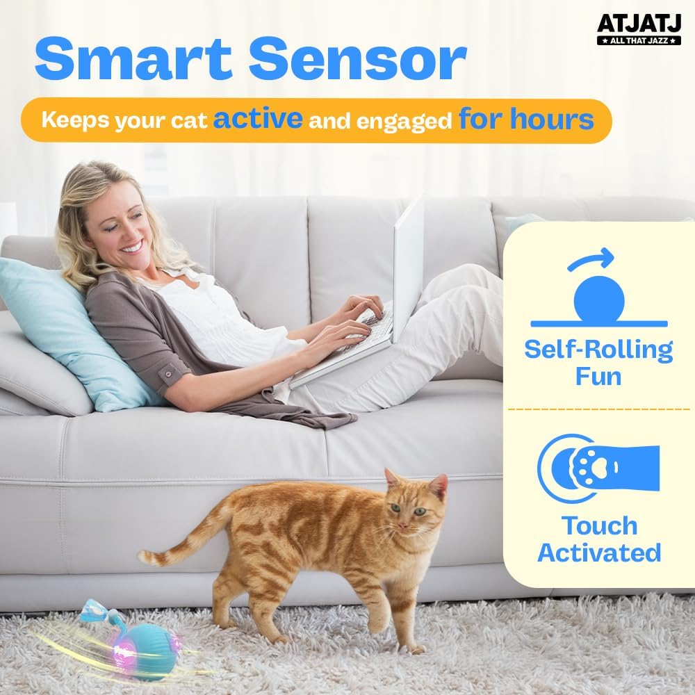 Interactive Cat Balls Toys for Indoor Cats, Automated Smart Ball Cat Toy with Elastic Mesh Tail, 3-Speed Rechargeable Rolling Kitten Toy, Electronic Mental Stimulating Self Play Pet Ball for Fun