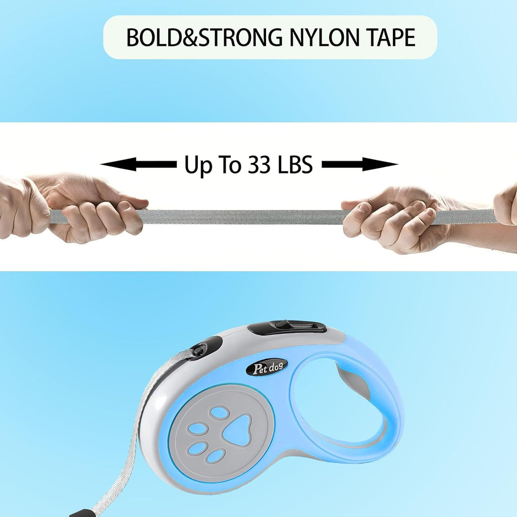 Dog Leash, VELIGOOD 5M/16FT Extendable Dog Lead with Strong Nylon Tape Tangle-Free One-Handed Brake, Pause, Lock for Small Medium Dogs (Blue)