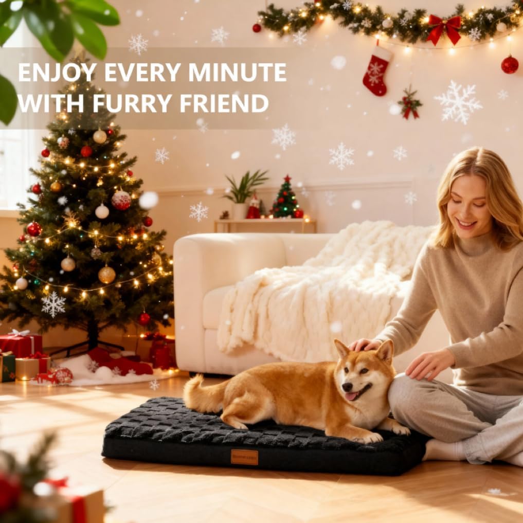 Orthopedic Dog Bed Waterproof Soft Comfortable Egg Crate Foam Large Pet Beds Crate Mat with Removable Washable Cover and Nonskid Bottom, Black