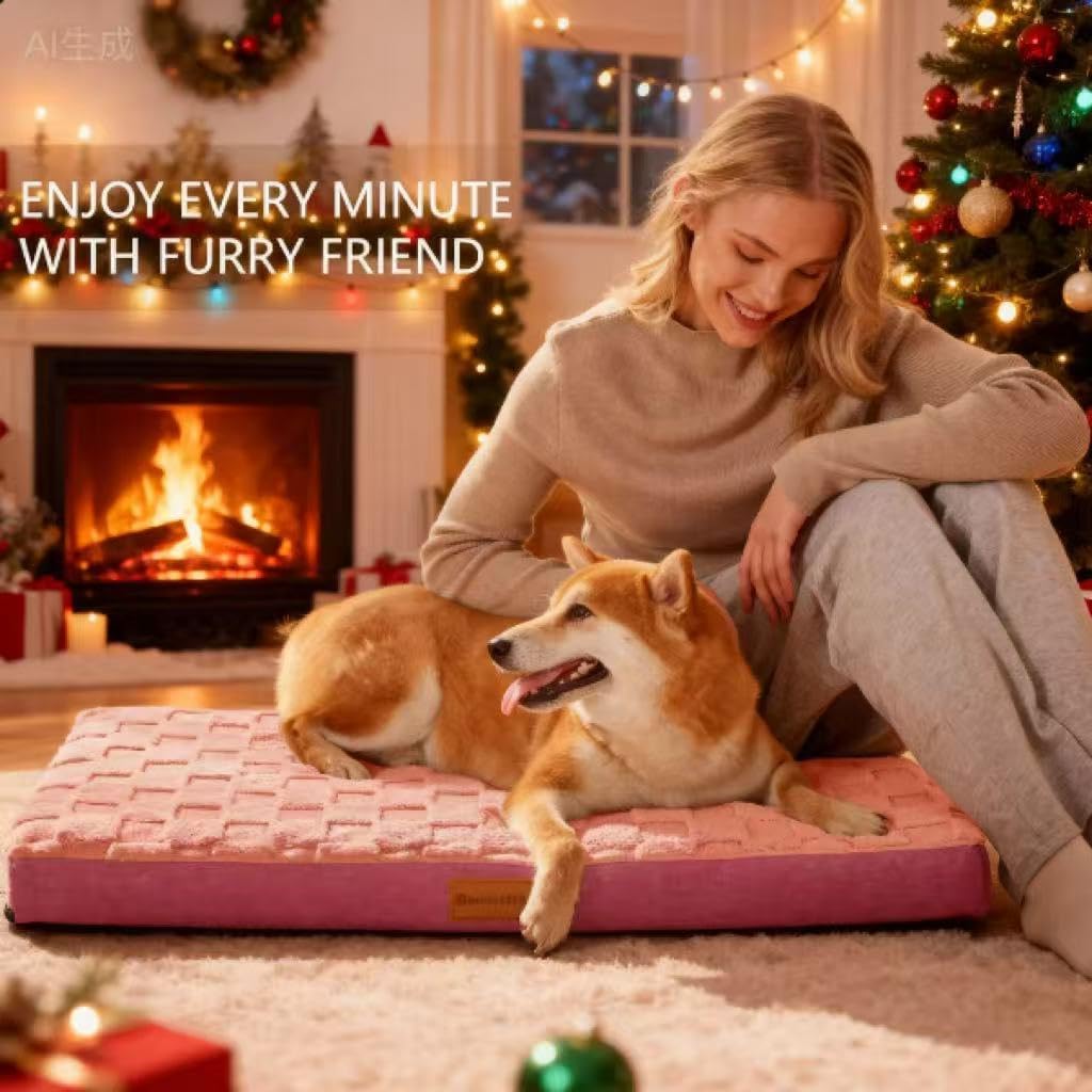 Orthopedic Dog Bed Waterproof Soft Comfortable Egg Crate Foam Large Pet Beds Crate Mat with Removable Washable Cover and Nonskid Bottom,(Pink)