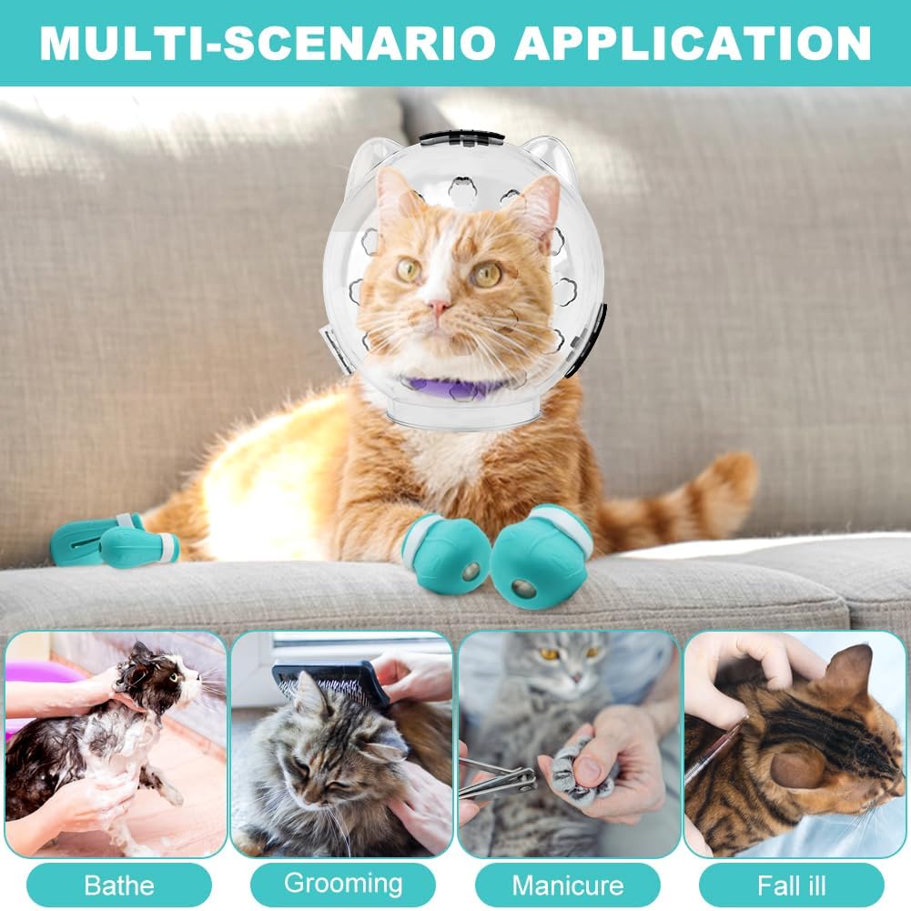 Cat Muzzle for Grooming, Adjustable Breathable Transparent Cat Astronaut Helmet with 4 Silicone Paw Shoes for Bath Nail Trimming