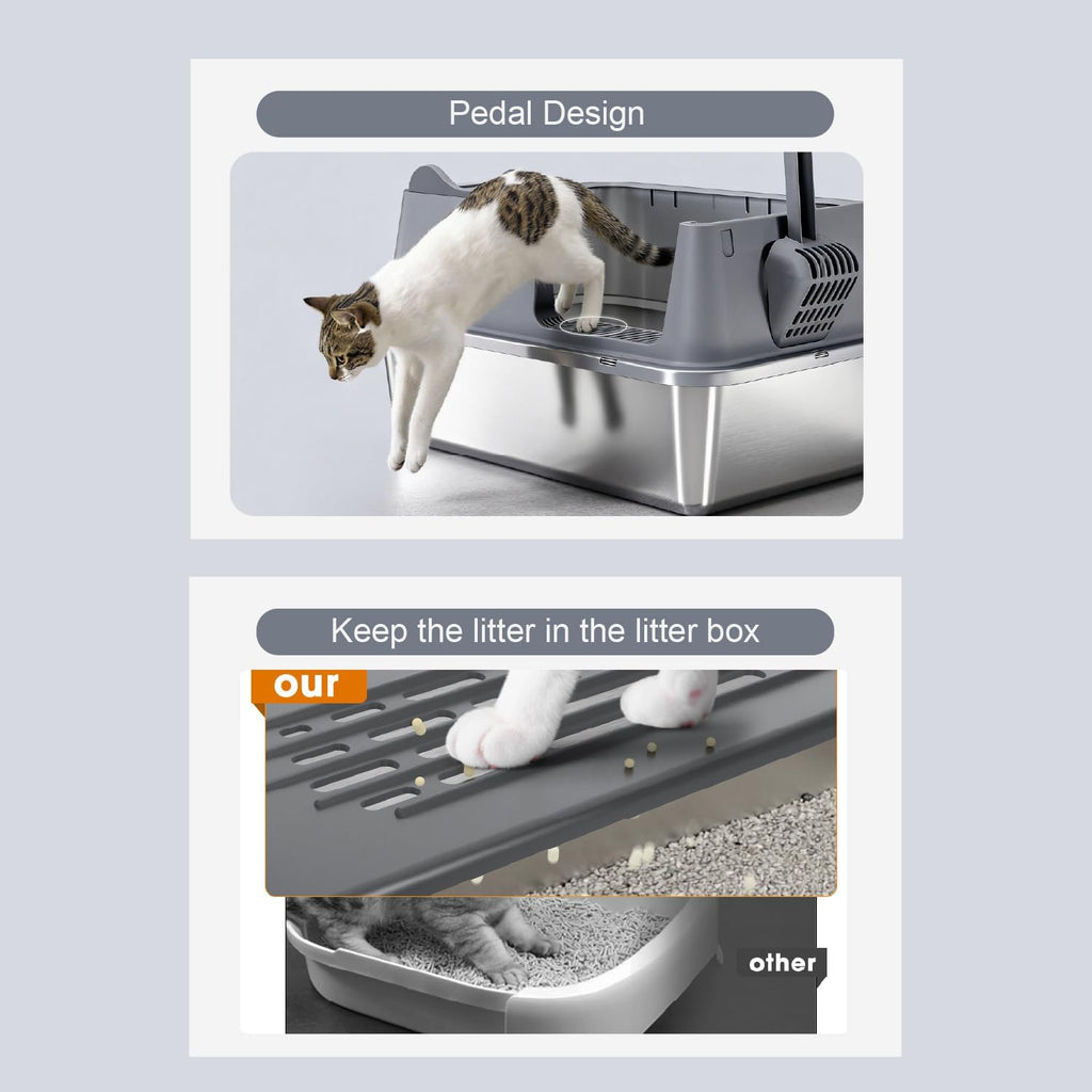 Cat Litter Box, Open Top High-Sided Metal Litter Box with Scoop, Extra Large Litter Boxes for Kitty Kitten and Big Cats, Anti-Urine Leakage, Non-Sticky, Easy to Clean (Grey)