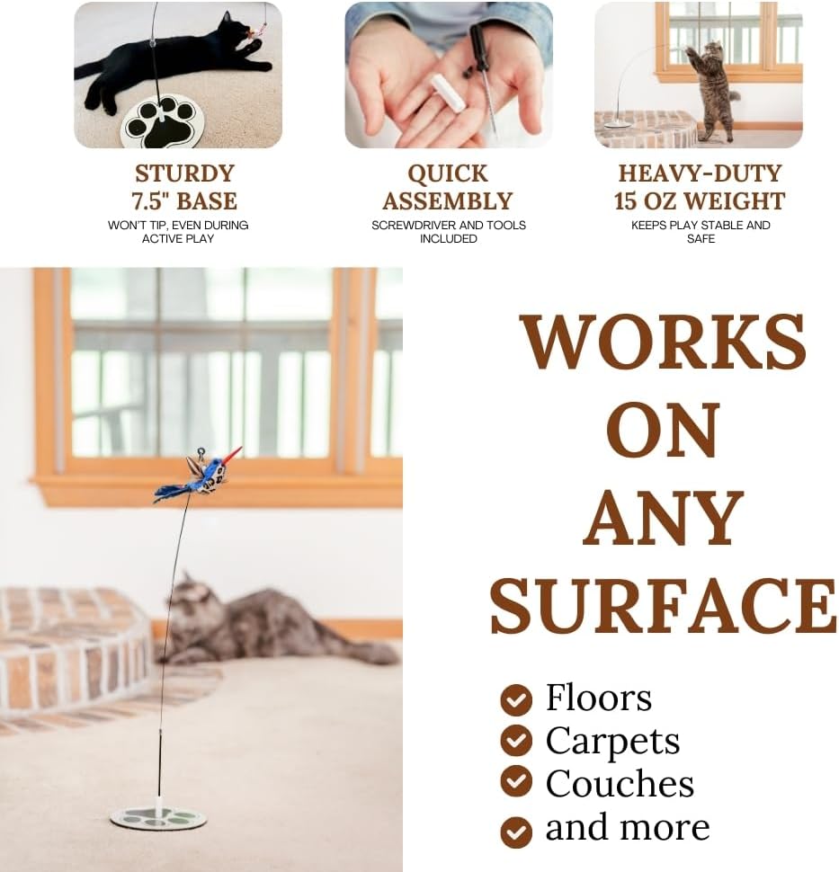 Interactive Bird Simulation Cat Toy Set for Bored Indoor Adult Cats Feather Toy Wand 5 Pcs Natural Bird Feathers Stable Round Base Wand Cat Toys for Indoor Cats Hunting Toys