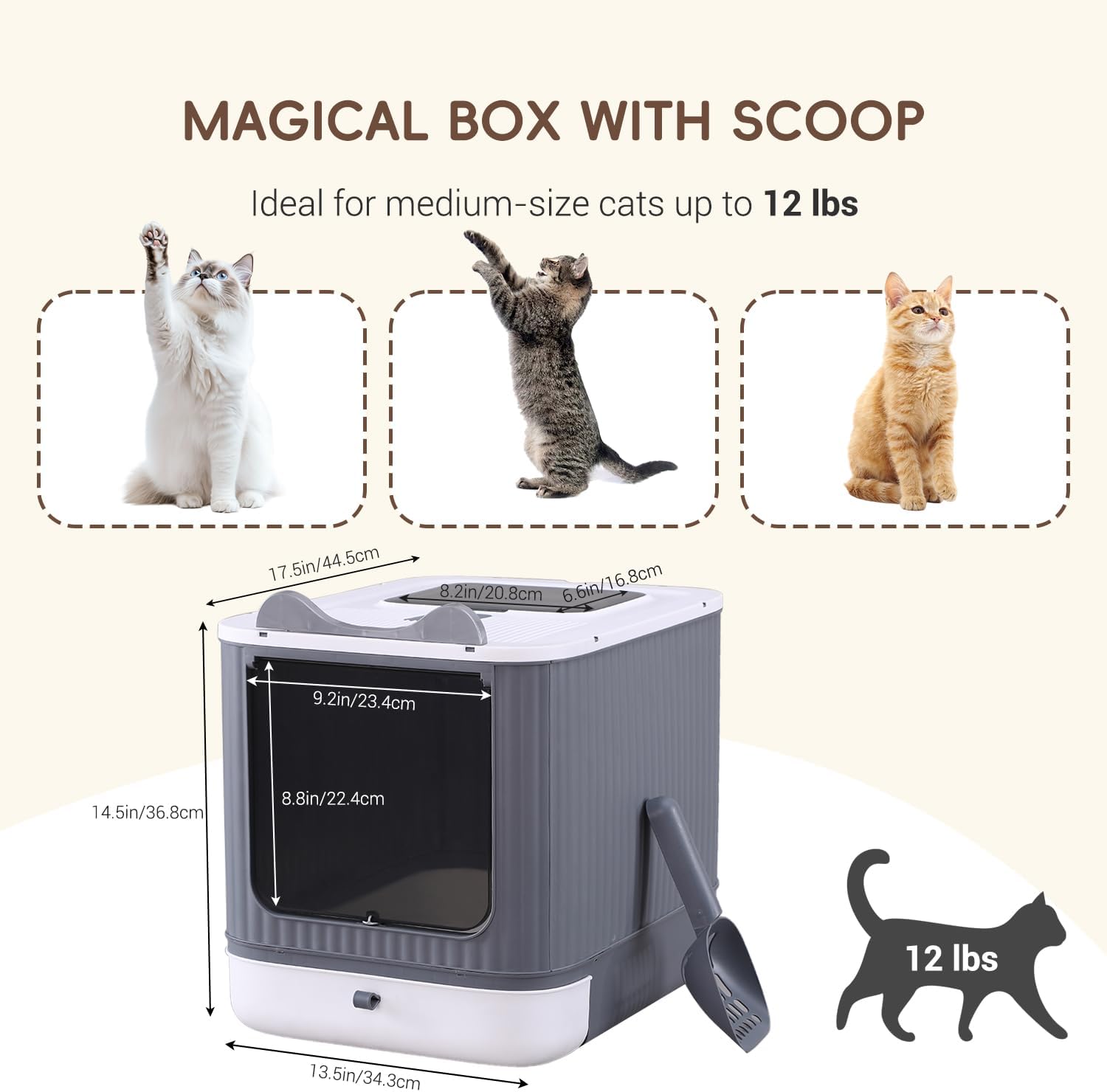 Cat Litter Box, Open Top High-Sided Metal Litter Box with Scoop, Extra Large Litter Boxes for Kitty Kitten and Big Cats, Anti-Urine Leakage, Non-Sticky, Easy to Clean (Grey)