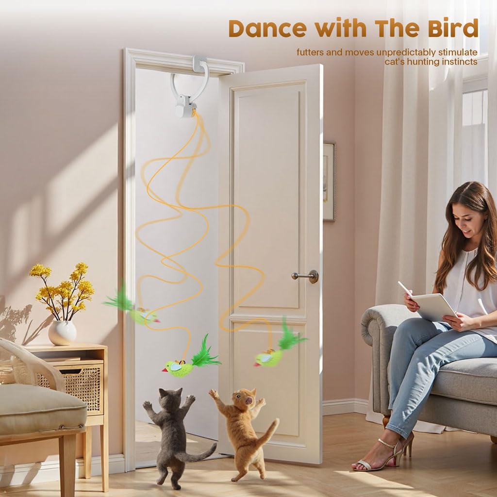 Interactive Cat Toys for Indoor Cats: Automatic Flying Bird Feather Wand Chase Exercise Enrichment Stimulation, USB Rechargeable Durable Safe Hanging Toy for Bored Kittens Adult Multi Cat Households