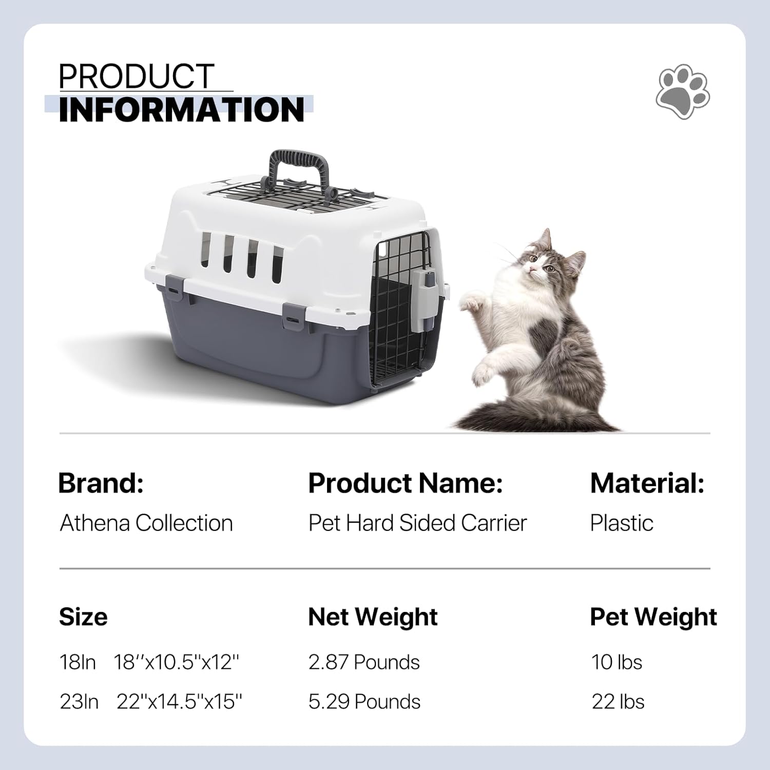 Hard-Sided Travel Pet Carrier for Small Dogs and Cats, Plastic Dog Carriers with 2-Door Top & Front Load & Ventilation & Security Lock, Cat Dog Carrier for Pet, up to 10lbs, Grey