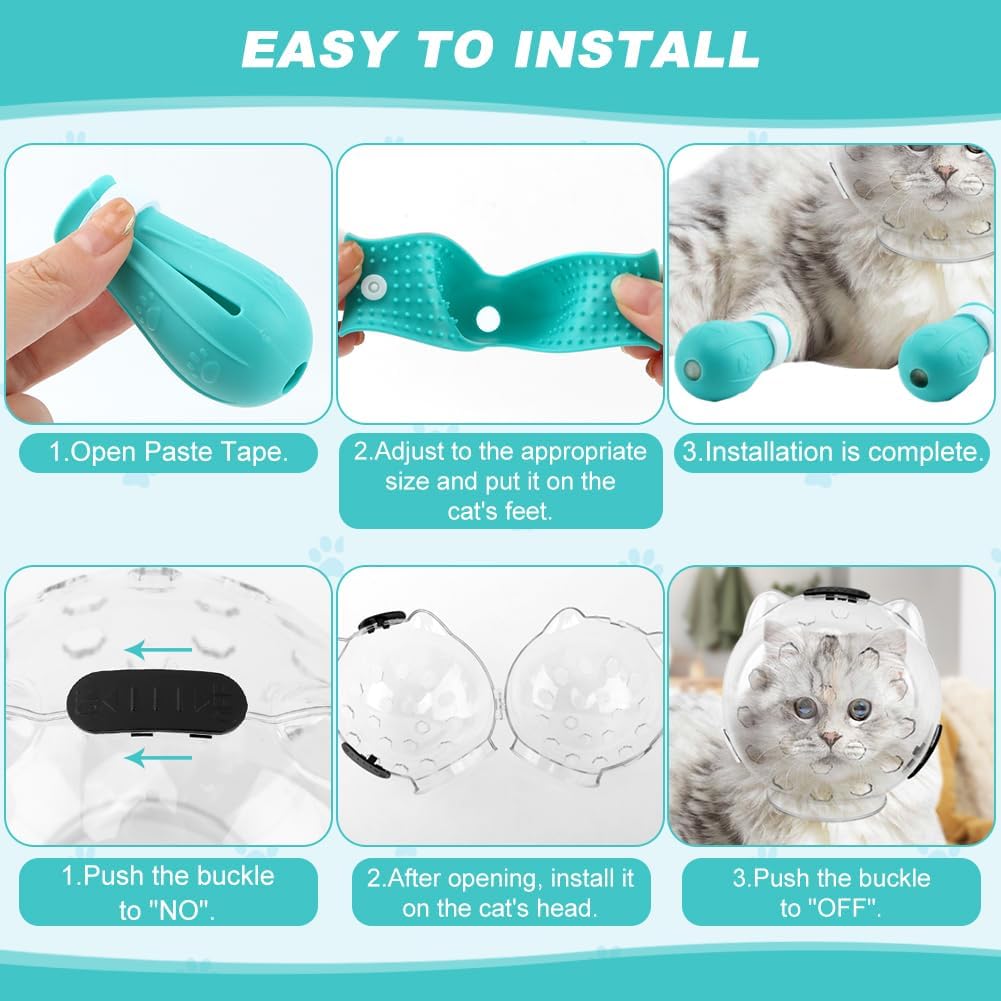 Cat Muzzle for Grooming, Adjustable Breathable Transparent Cat Astronaut Helmet with 4 Silicone Paw Shoes for Bath Nail Trimming