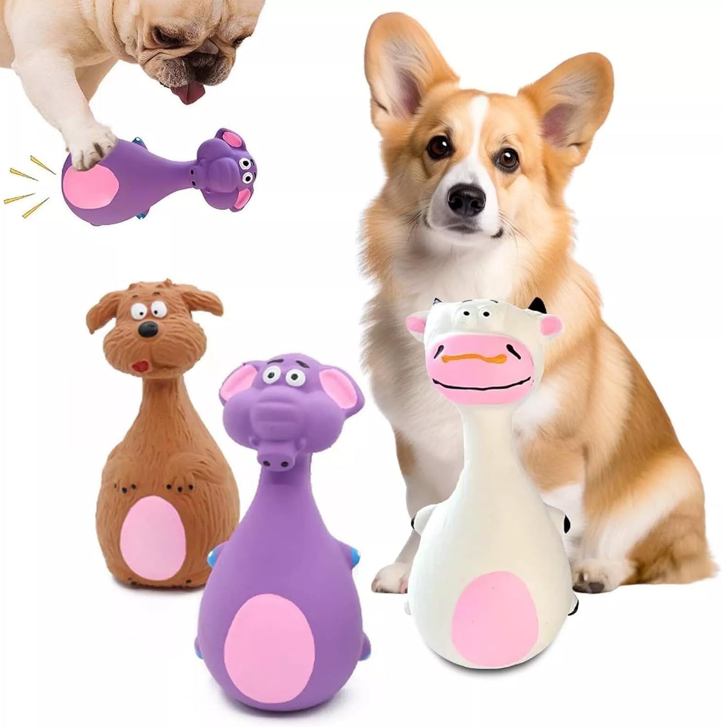 Dog Squeaky Chew Toy – Tough Natural Latex Fun for Teacup to Small Puppies (0-22 lbs)! Perfect for Fetch, Chewing & Cuteness Overload (White Cow)