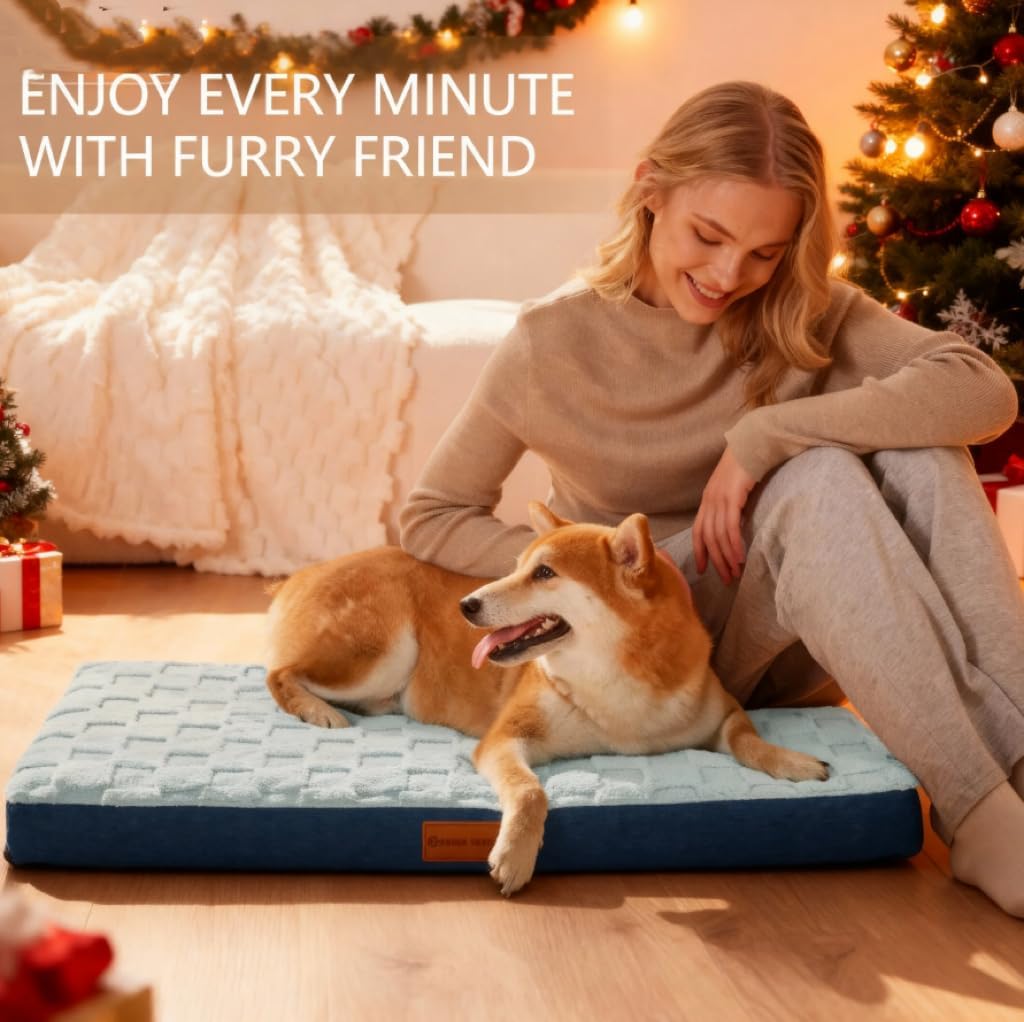 Orthopedic Dog Bed Waterproof Soft Comfortable Egg Crate Foam Large Pet Beds Crate Mat with Removable Washable Cover and Nonskid Bottom, (Blue)